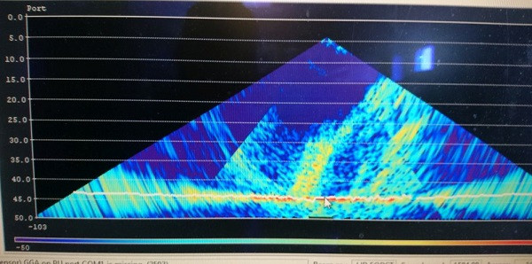 Methane bubbles rising from the seafloor using the multibeam imaging.