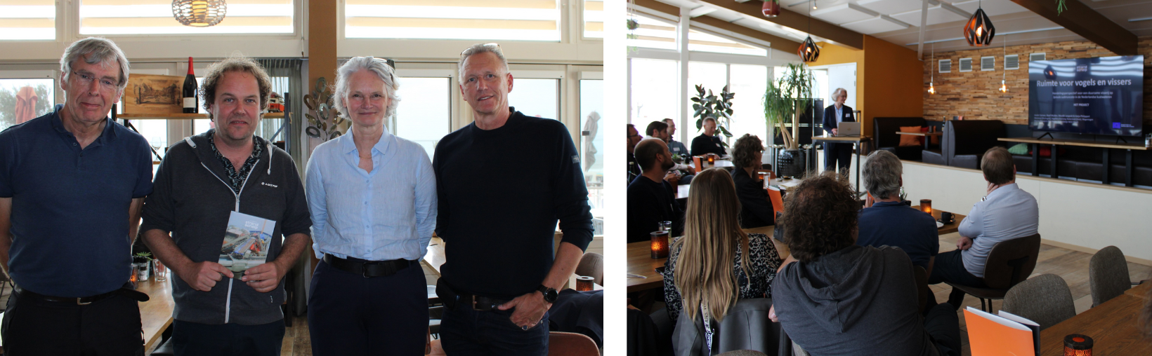 Foto links: van links naar rechts: Mardik Leopold (Wageningen Marine Research), Roef Mulder (Vogelbescherming Nederland), Katja Philippart (Koninklijk NIOZ) en André Seinen (Meromar Seafoods BV).