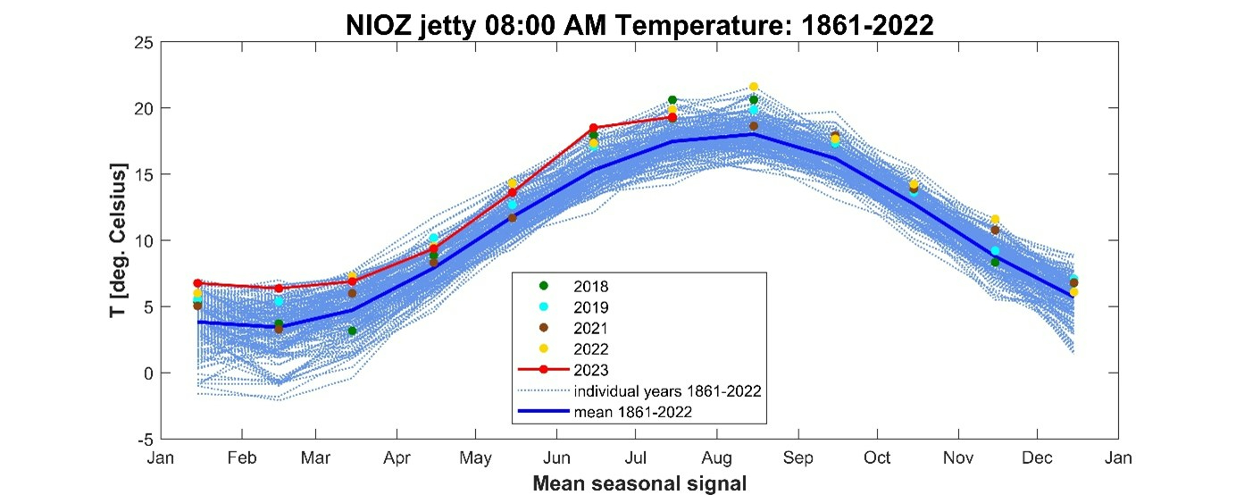 NIOZ jetty 1982-2022 monthly mean temperature