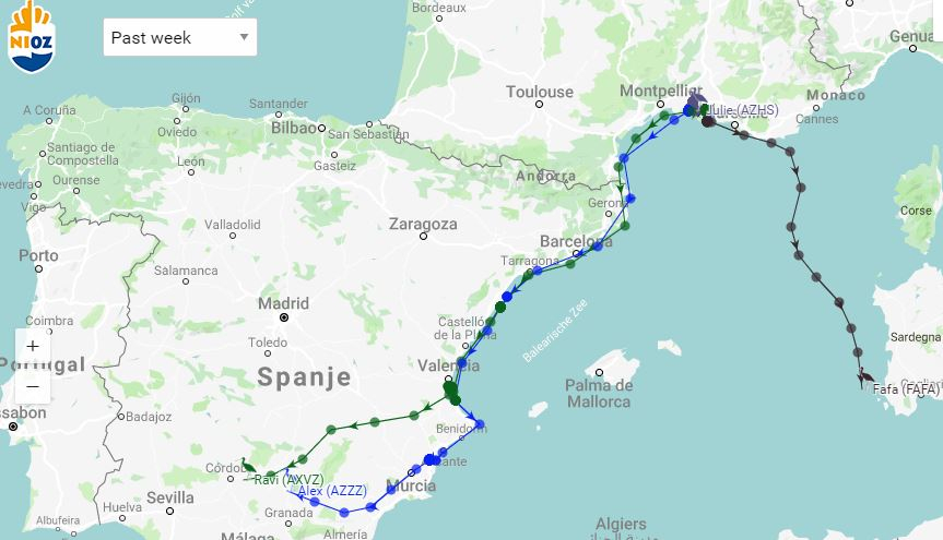 The French juveniles are on the move, Fafa has arrived near Sardinia, Alex is following Ravi. More news in the next blog.