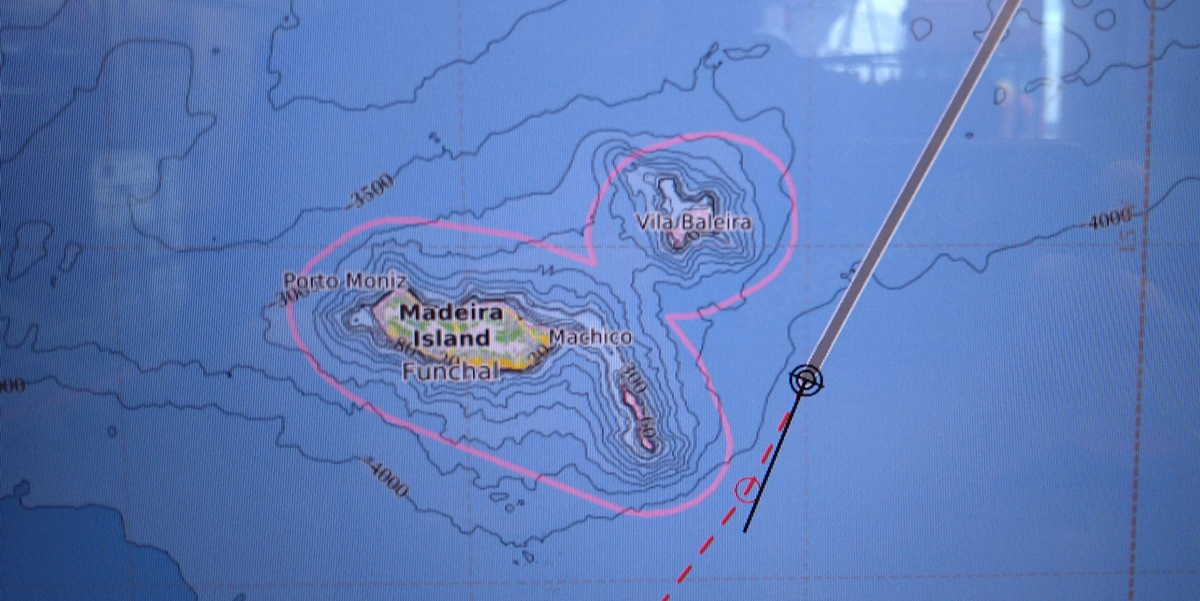 The ship's navigation system showing RV Maria S. Merian's ship track passing Madeira