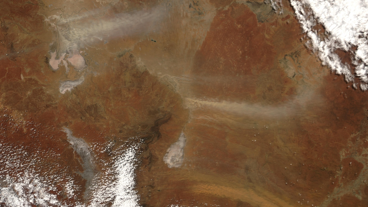 Satellite picture (copyright: NASA) of dust plumes blowing from channels feeding into Lake Eyre, Australia