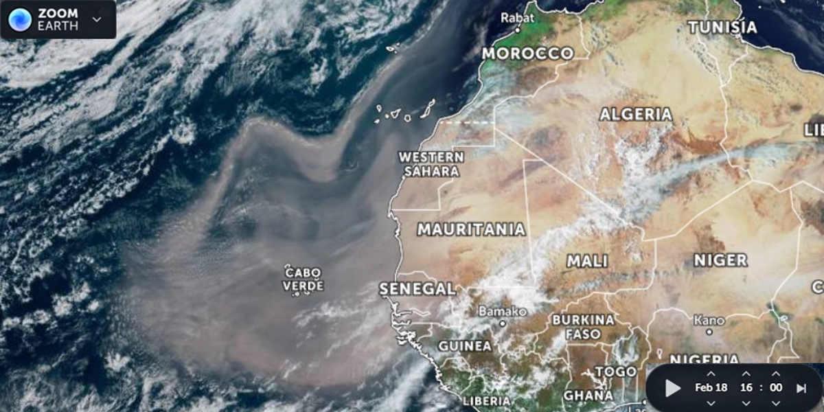 Saharan dust is blown towards the Atlantic Ocean on 18 February 2021. Image credit: www.zoom.earth