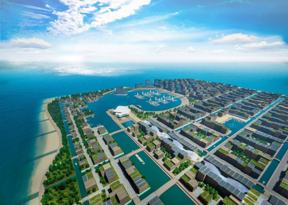 Woningbouweiland: grootschalig hoge dichtheid drijvend demonstratie eiland in het IJmeer voor 3000-5000 inwoners (Ontwerp: Blue21)