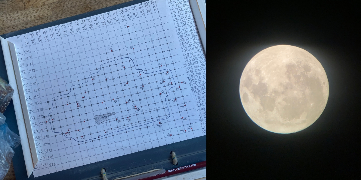 Left: The result of our improvisation after we had to change plans for the sampling coordinates. Right: the full moon photographed through the lens of the telescope. (Photo: Nienke Zwaferink) Left: The result of our improvisation after we had to change plans for the sampling coordinates. Right: the full moon photographed through the lens of the telescope. (Photo: Nienke Zwaferink)