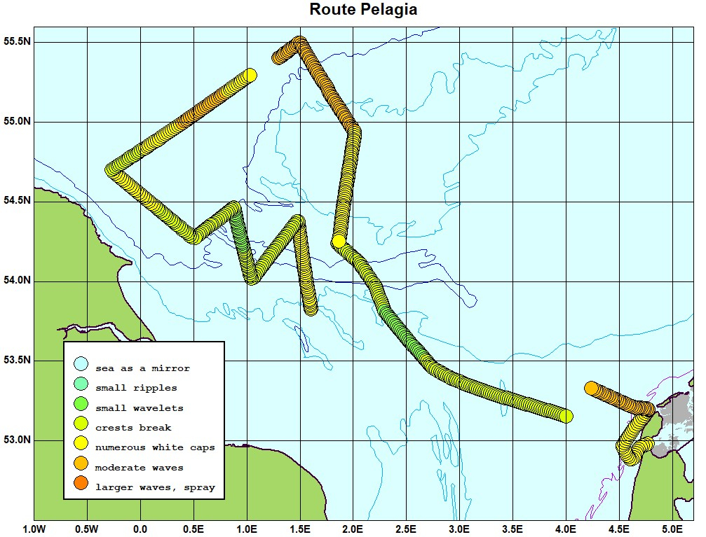 Route van de Pelagia 12-17 september 2019. Elk rondje is vijf minuten varen.