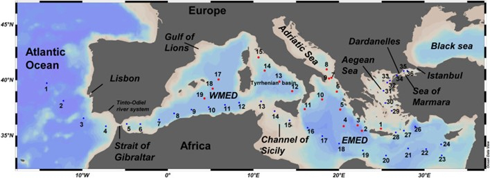 Map of the sampling region for GEOTRACES expedition GA04-N during two transects, in the Mediterranean Sea aboard RV Pelagia during 2013. Stations along the southern transect are denoted in blue and stations along the northern transect are shown in red.