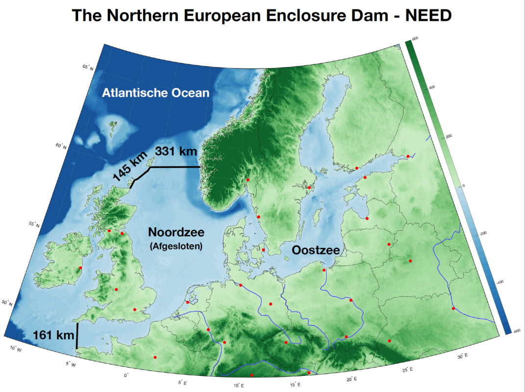 Northern European Enclosure Dam: ruim 600 km langer dan de Afsluitdijk, technisch haalbaar, maar vooral bedoeld om schaalgrootte van toekomstige ingrepen te tonen als klimaatverandering voortschrijdt.