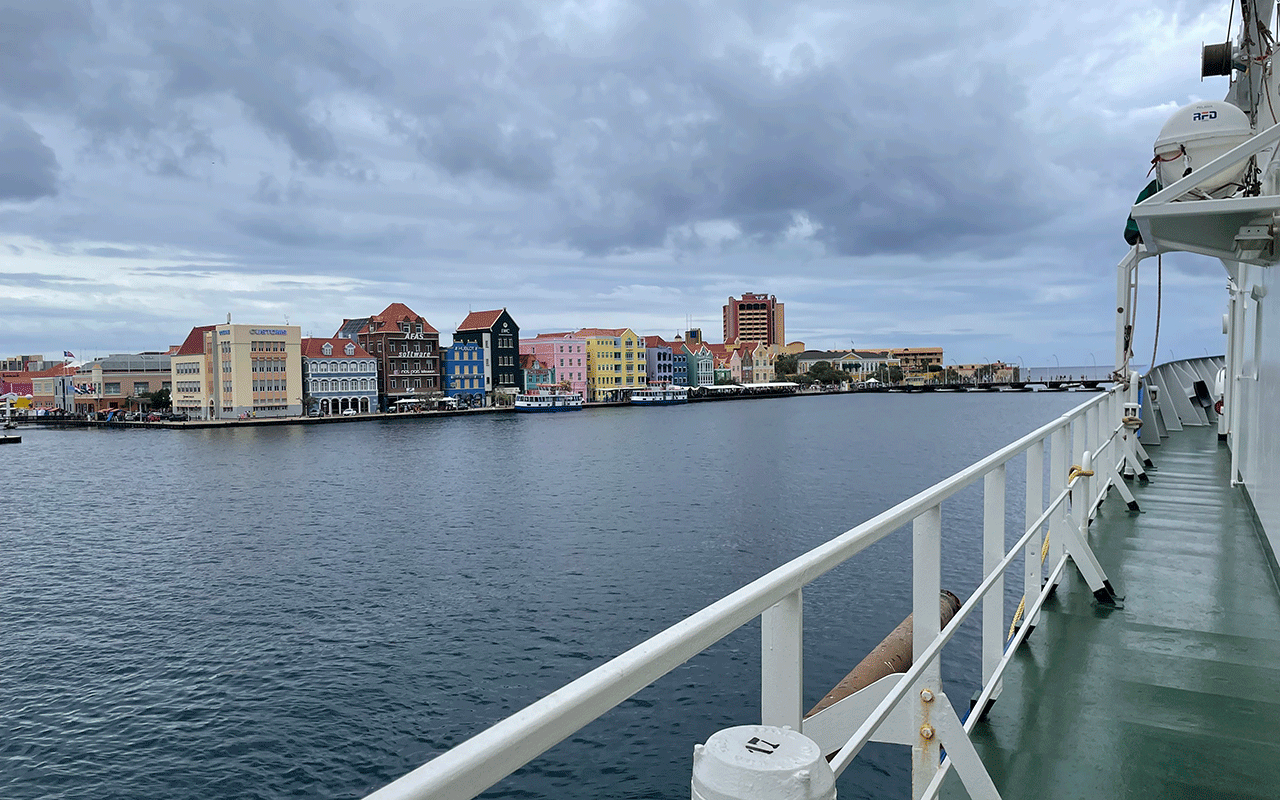 A view of the quay of Willemstad, Curaçao from aboard the ship RV Pelagia
