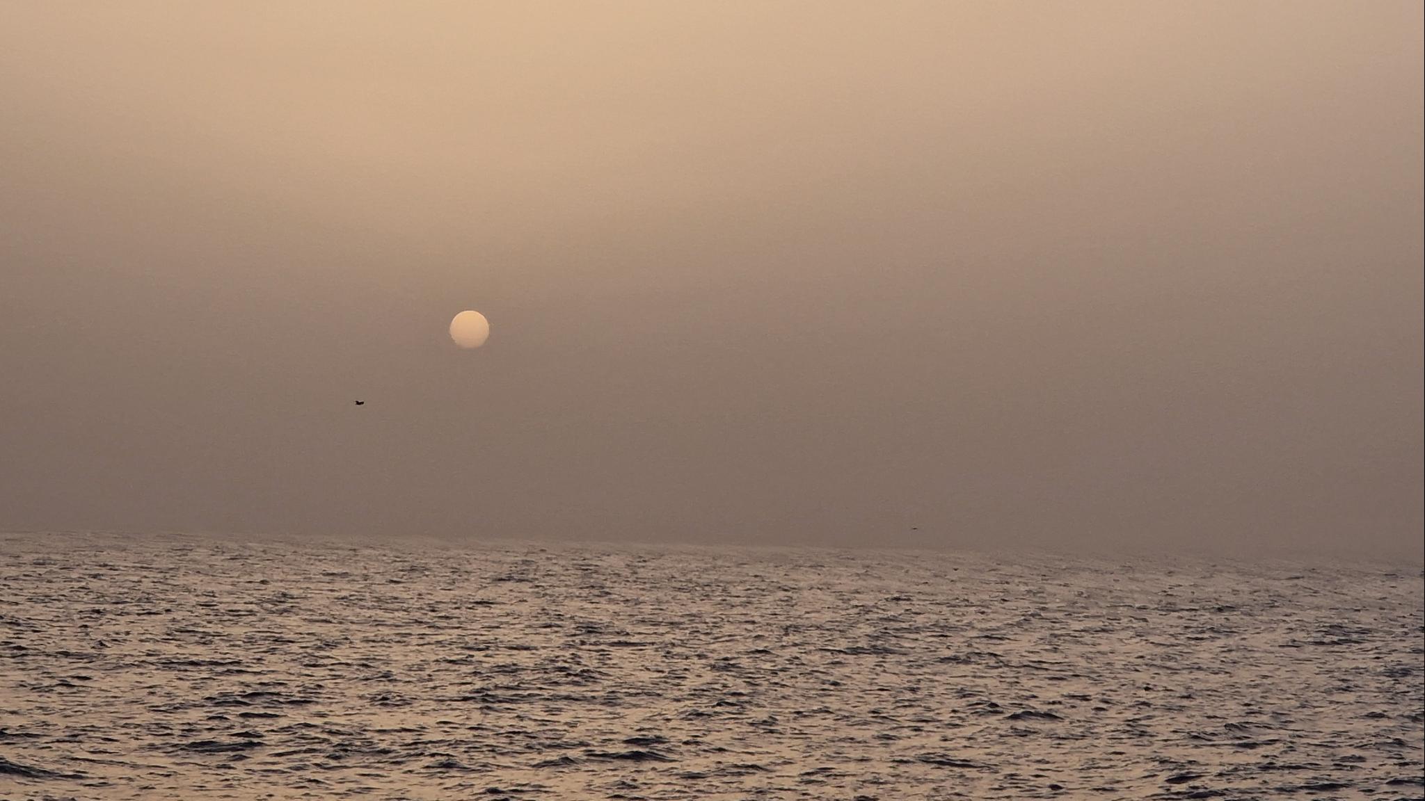 Oranje lucht met de zon boven de oceaan