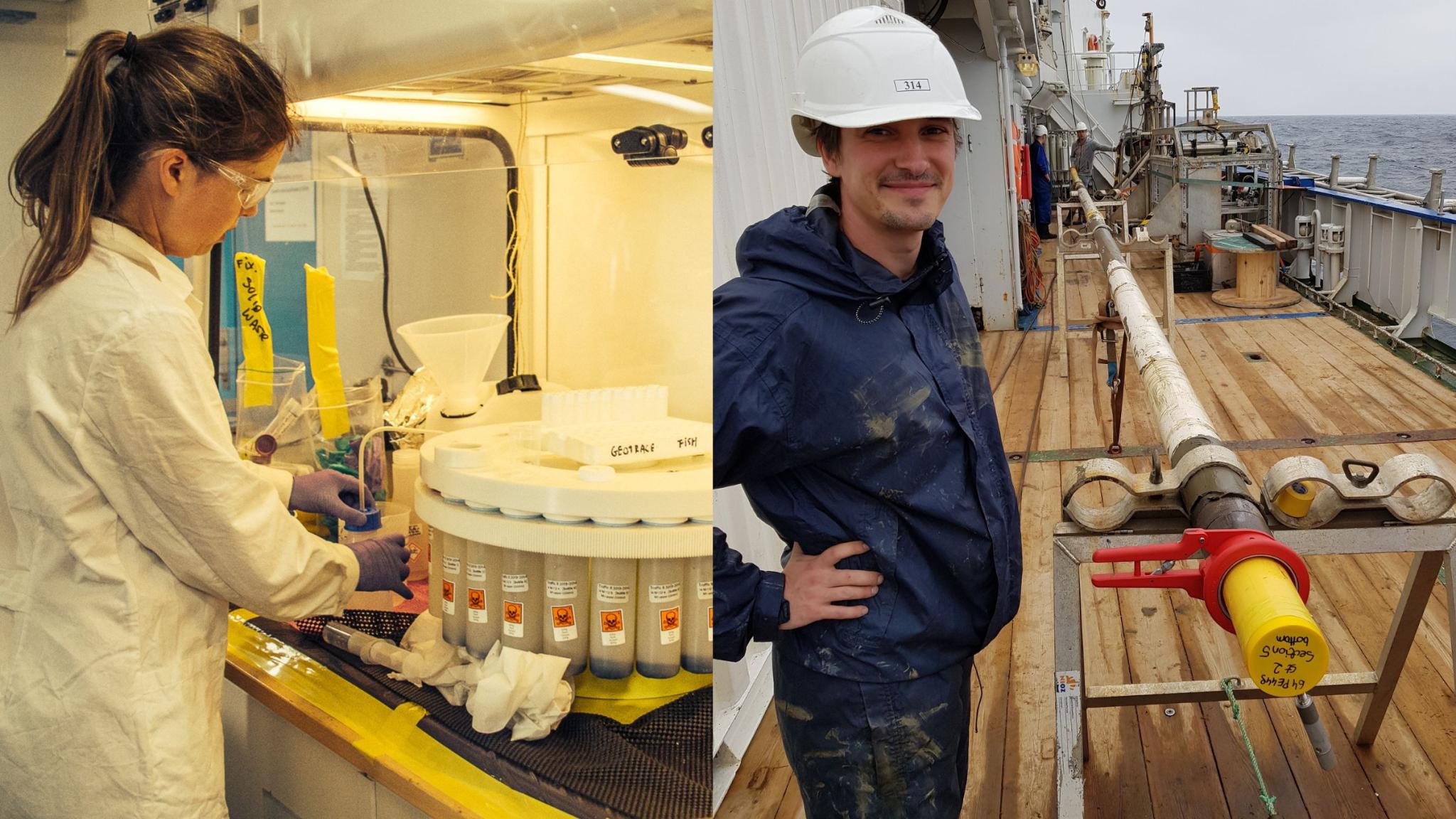 Links Michelle aan het werk in een lab aan boord; rechts Rick aan dek met een boorkern