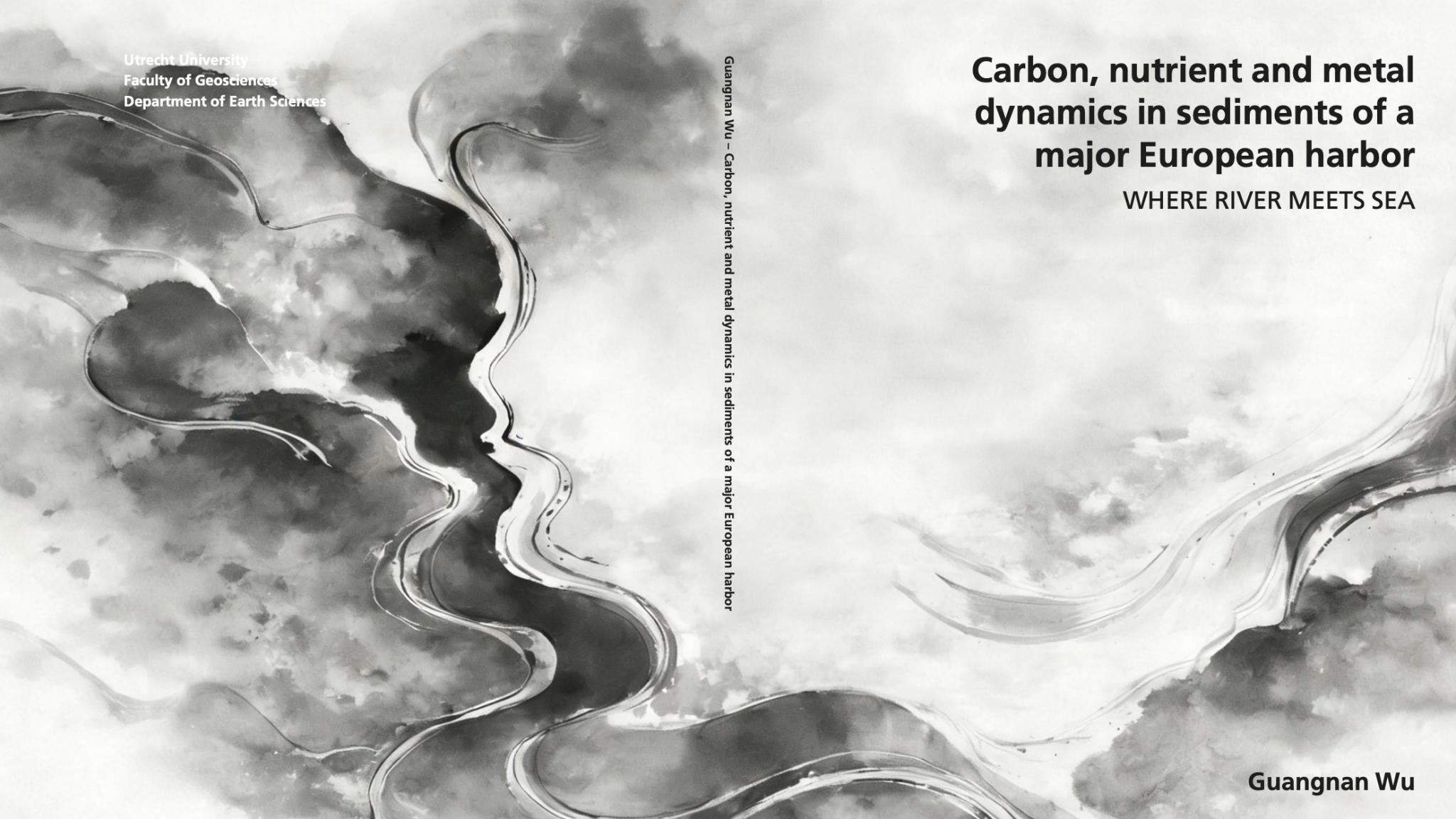 Cover with black and white illustration of harbour sediment and information on dissertation of Guangnan Wu