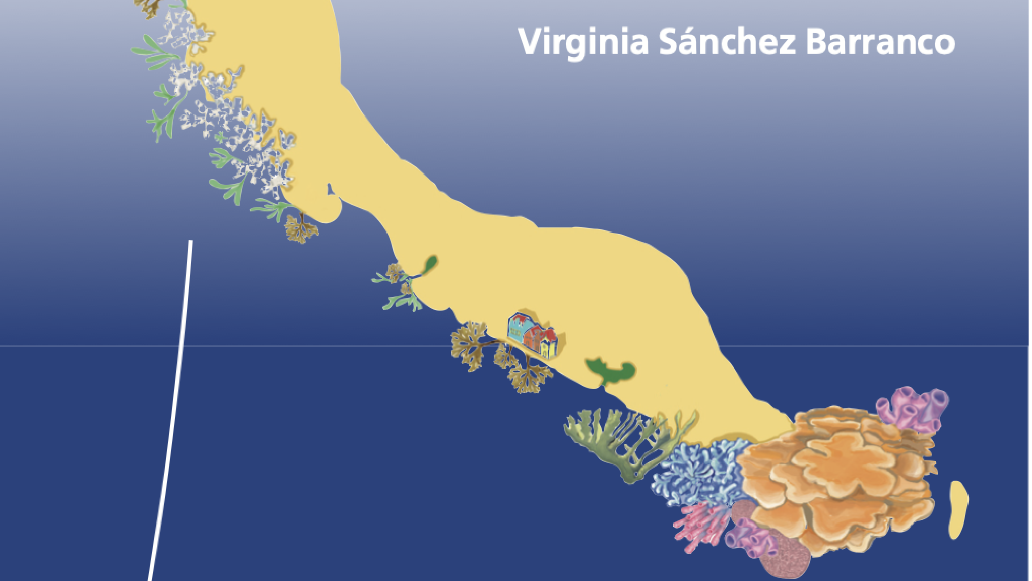 A screenshot of the thesis cover, showing the title and author, and a illustration of a reef in the shape of Curaçao with corals and sponges growing from its coastline