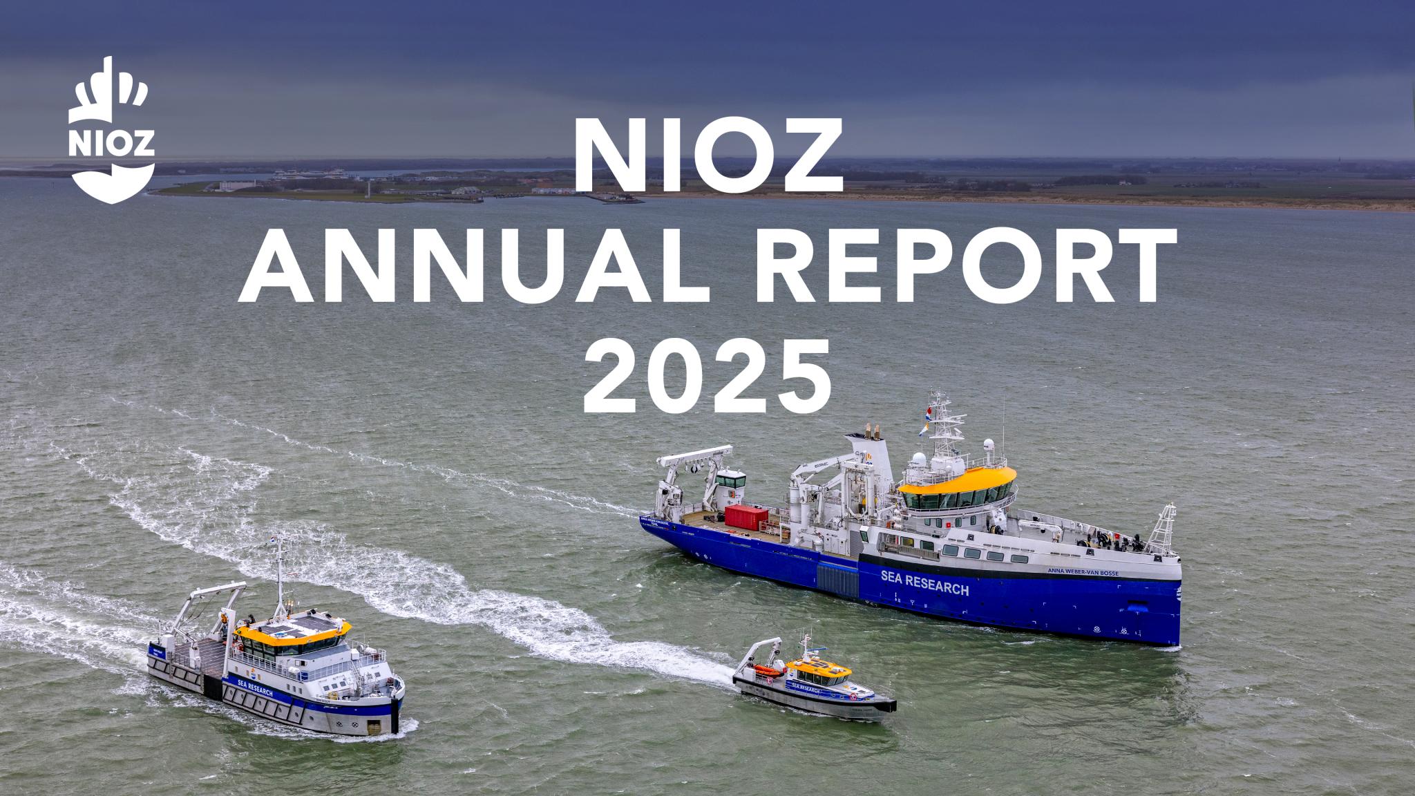 Drie onderzoekschepen op de voorkant van het jaarverslag 2025