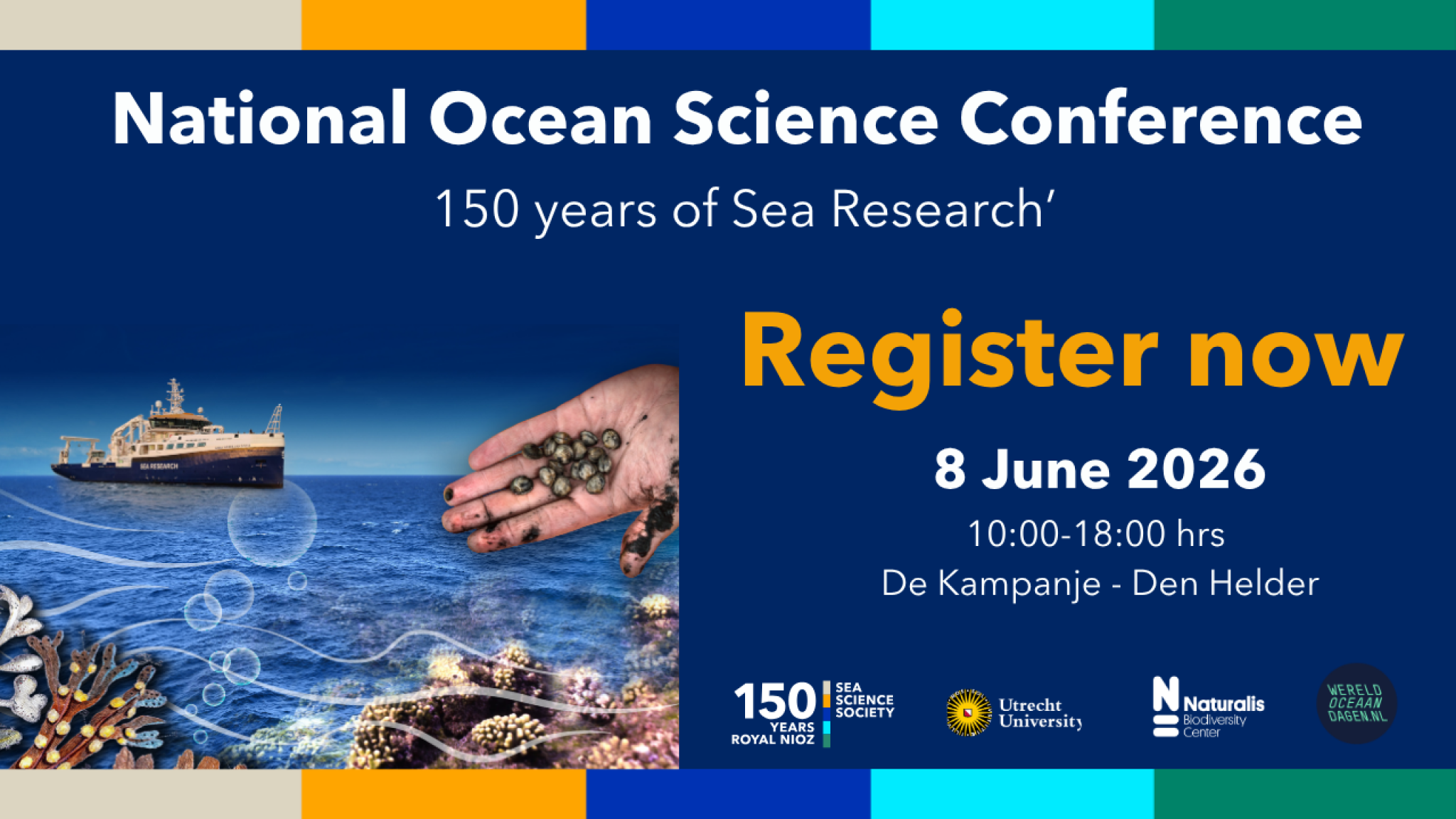 The cover poster for the national ocean science conference on 8th of june 2026 with a ship and an illustration of a hand collecting shells