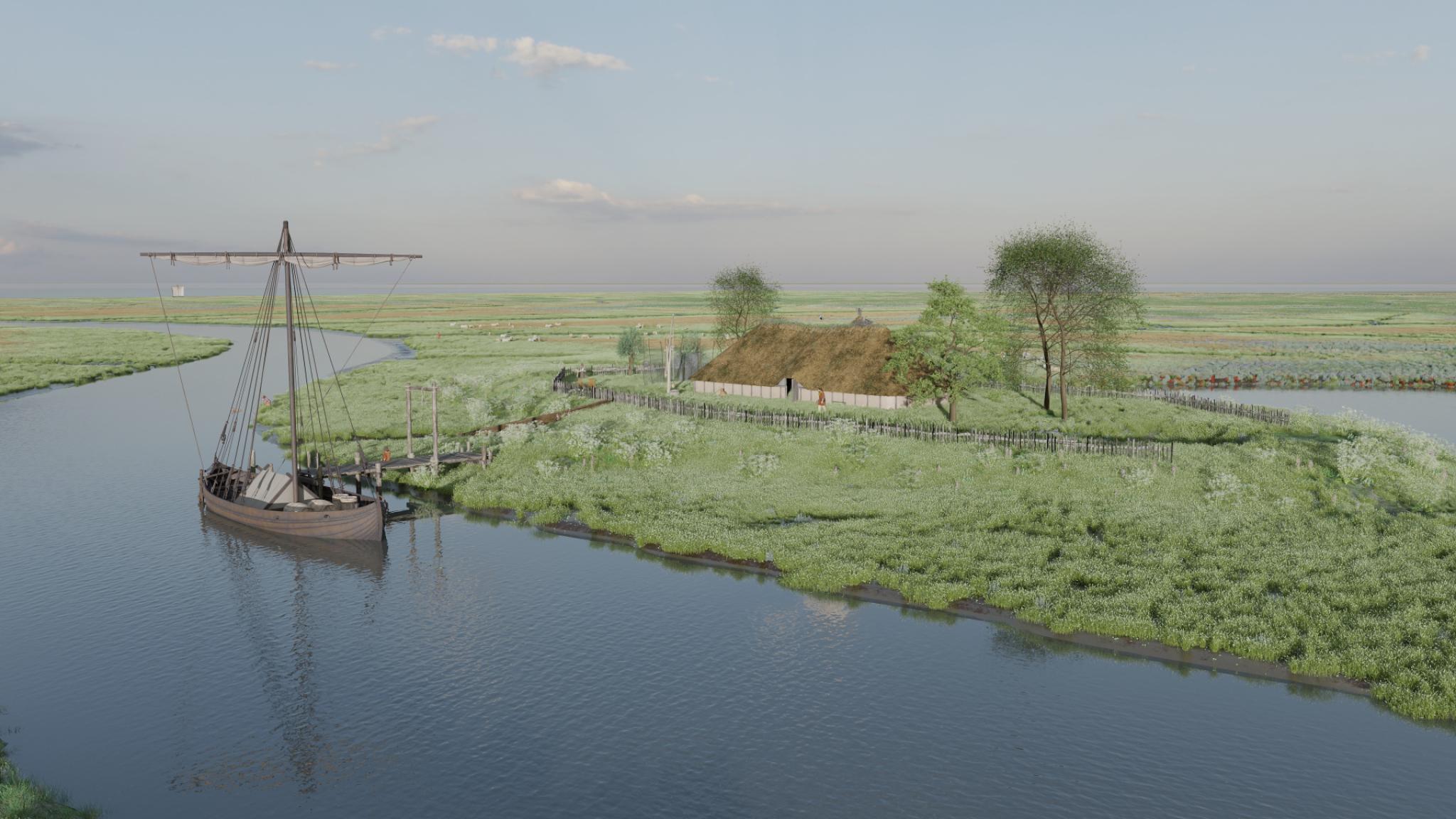 drawing showing a river landscape