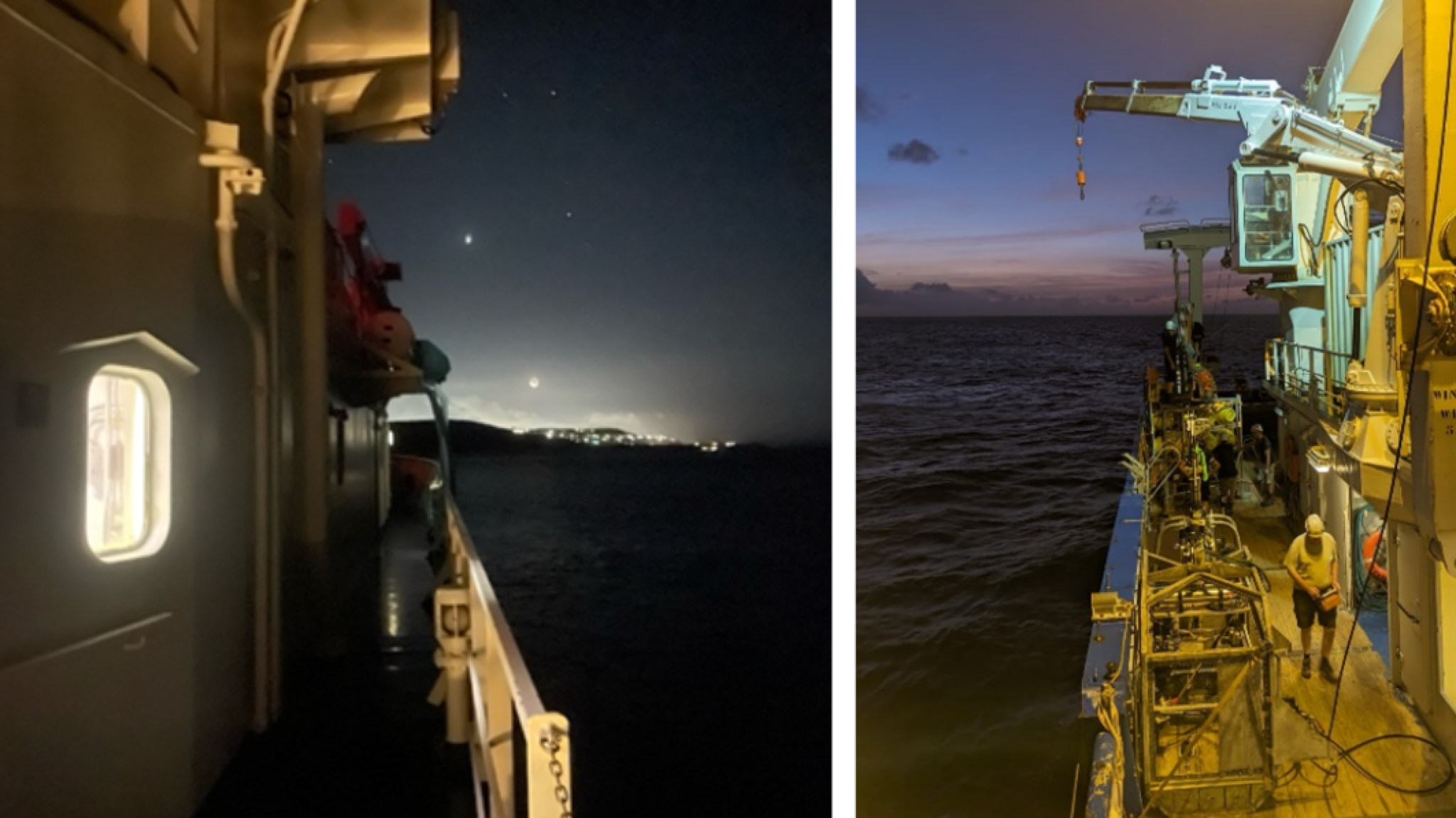 Left: Night view with Willemstad and the moon in the background. Right: Evening from the ship.