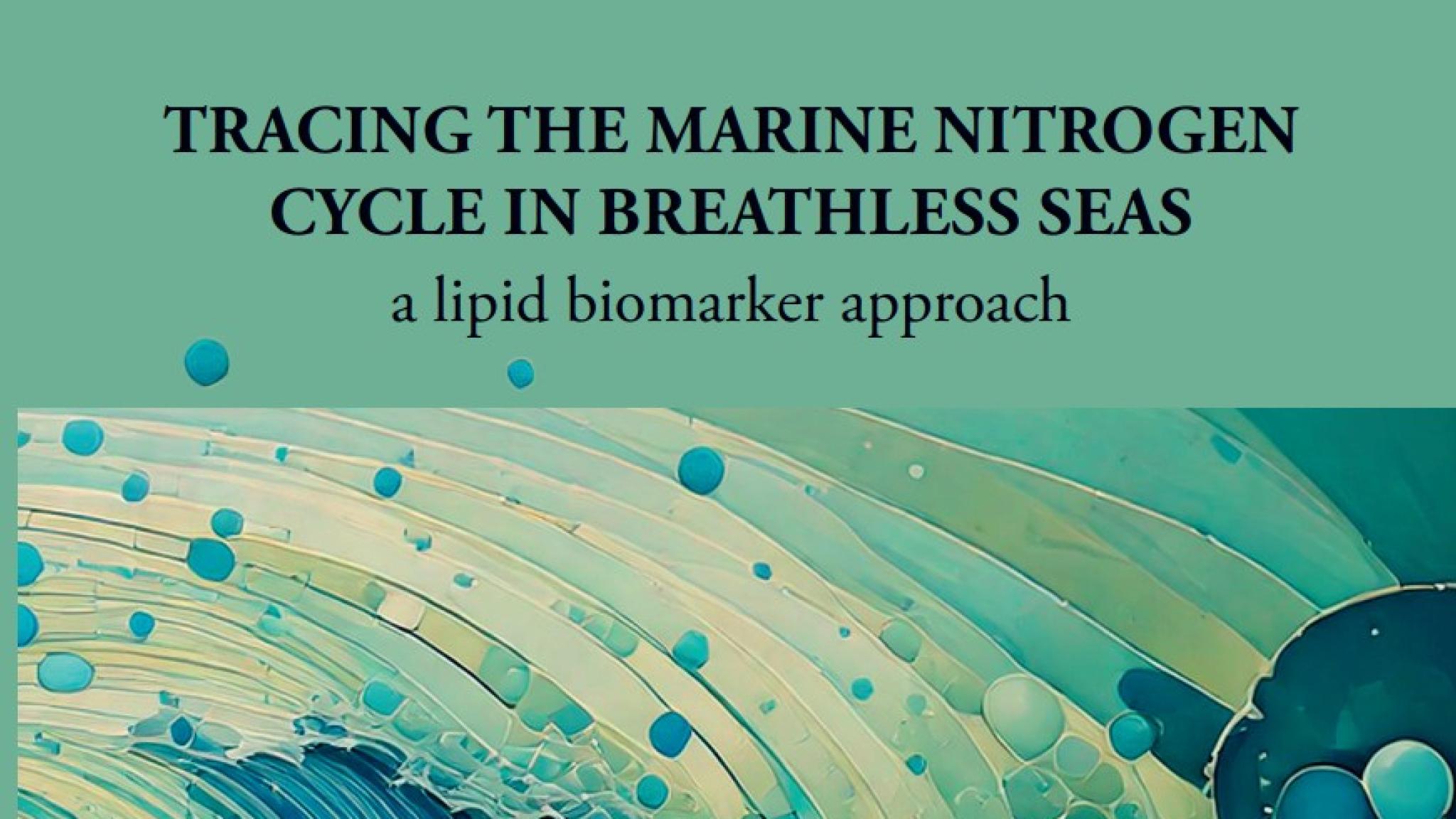 Thesis cover with abstract illustration of an ocean wave in blue tones with circular patterns, referring to a lipid biomarker approach.