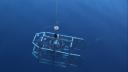 A frame with research equipment disappears into very blue water