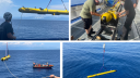 Man on board a reseach vessel are testing yellow torpedo like equipment