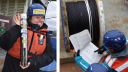Young woman wearing blue helmet holding and preparing research equipment on board a research vessel
