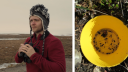 Left: Researcher Misha Zhemchuzhnikov stands on the Arctic tundra during fieldwork, holding binoculars while scanning the landscape under an overcast sky. Right: A yellow pitfall trap containing captured arthropods is placed in Arctic tundra vegetation as part of an arthropod monitoring study.