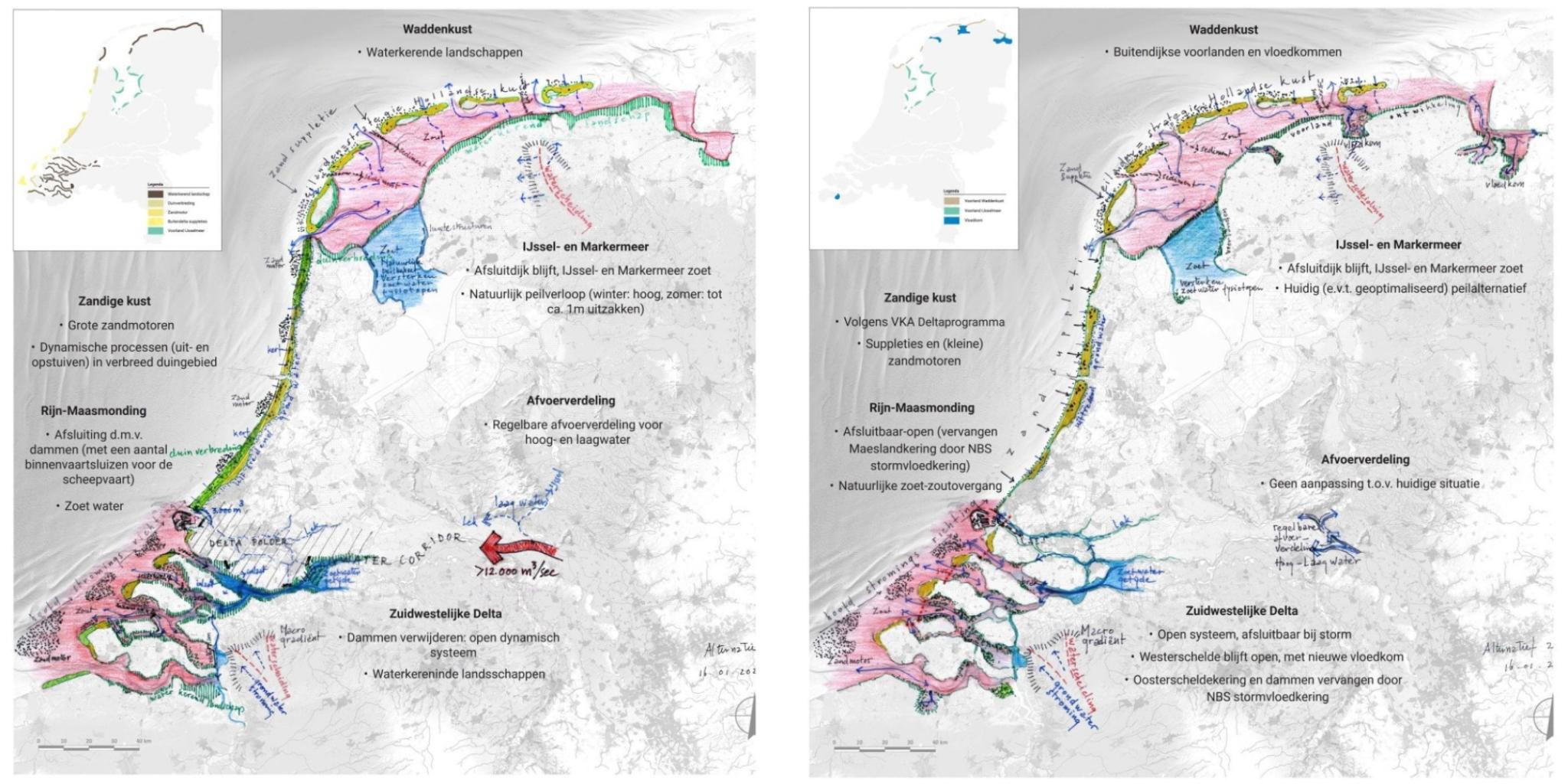 two maps of the Netherlands showing scenarios