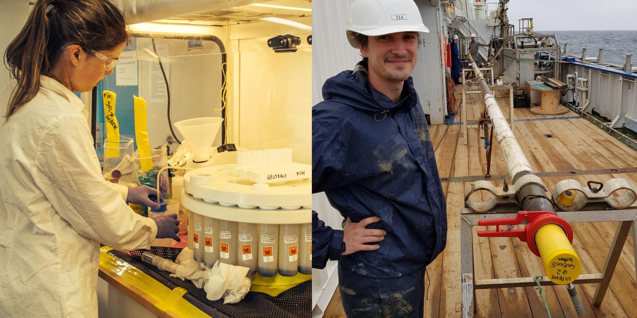 Links Michelle aan het werk in een lab aan boord; rechts Rick aan dek met een boorkern