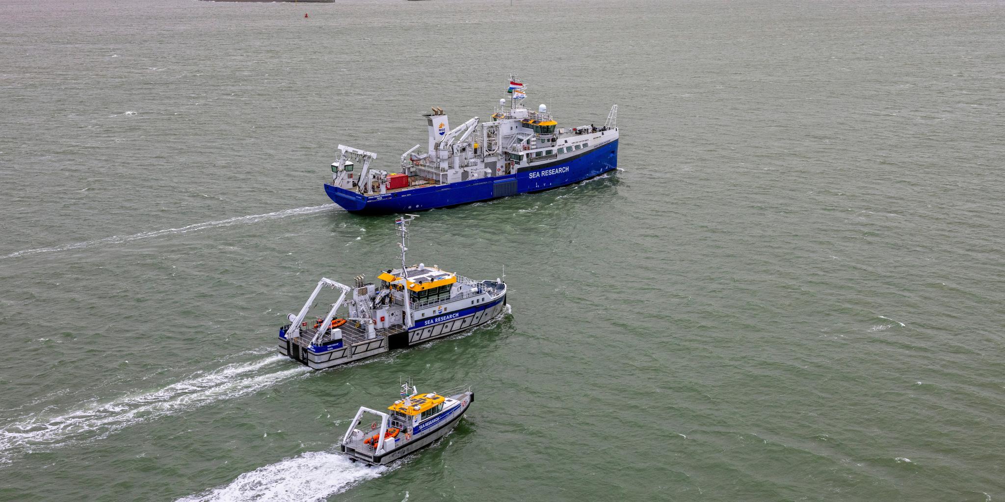 An aerial photo of the complete new NIOZ fleet, taken during the first arrival of the Anna Weber-van Bosse on Texel