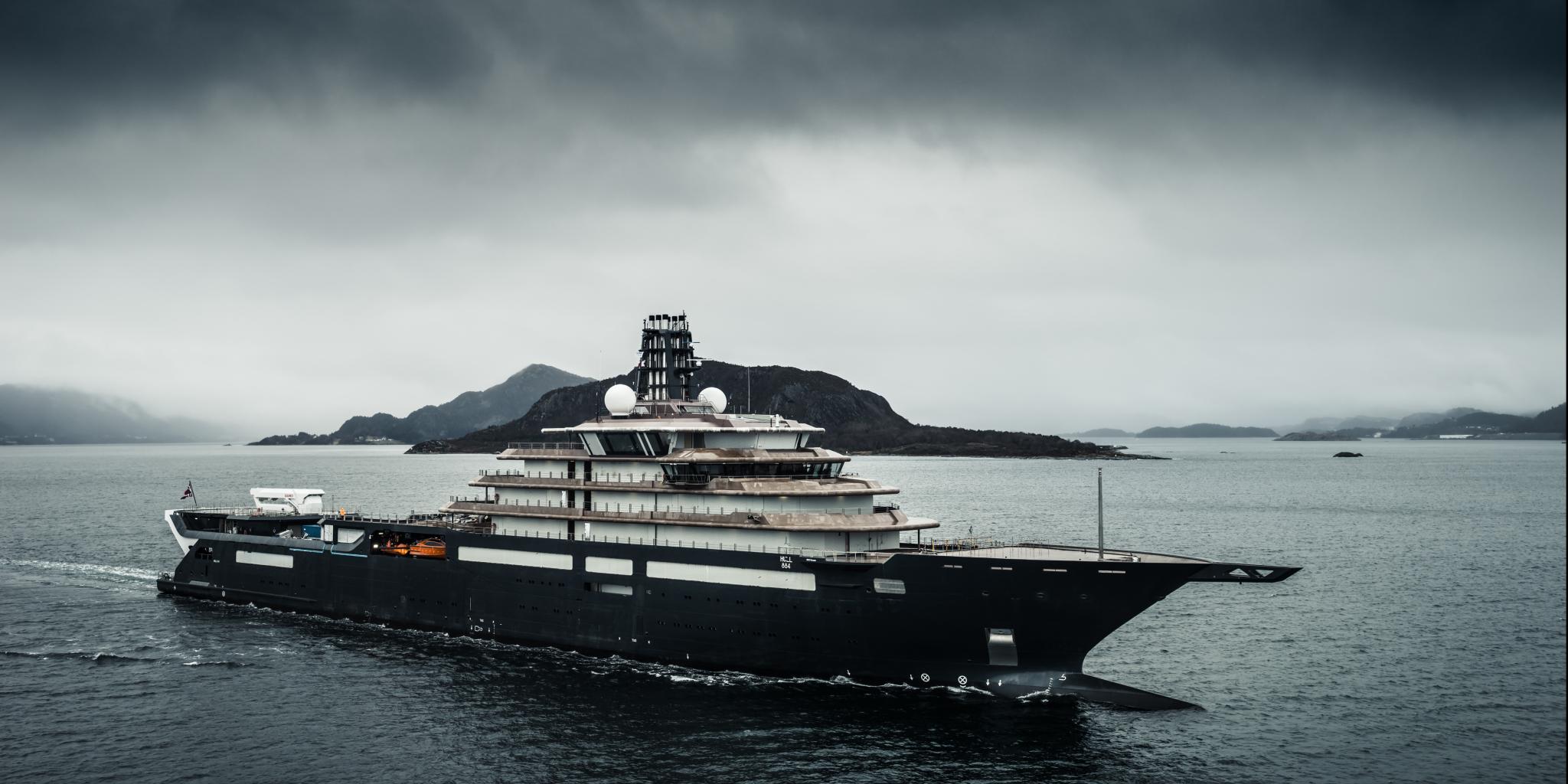 a photo of the RV REV Ocean against a black sky backdrop