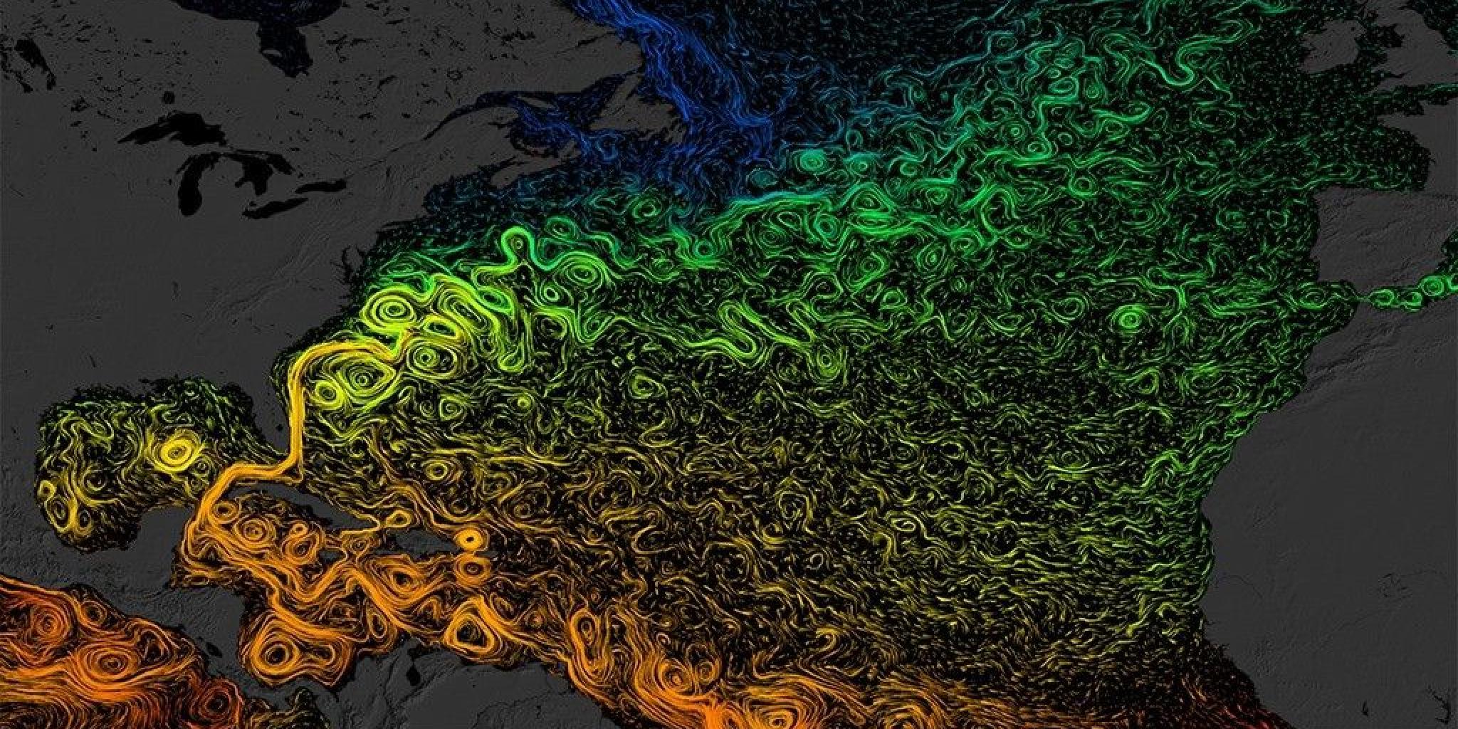 Visualization of ocean currents in the North Atlantic. The colors show sea surface temperature, where orange and yellow are warmer, green and blue are colder