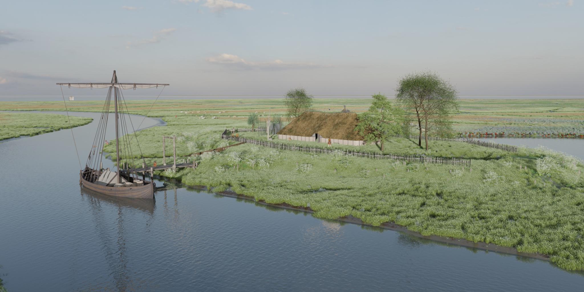 drawing showing a river landscape