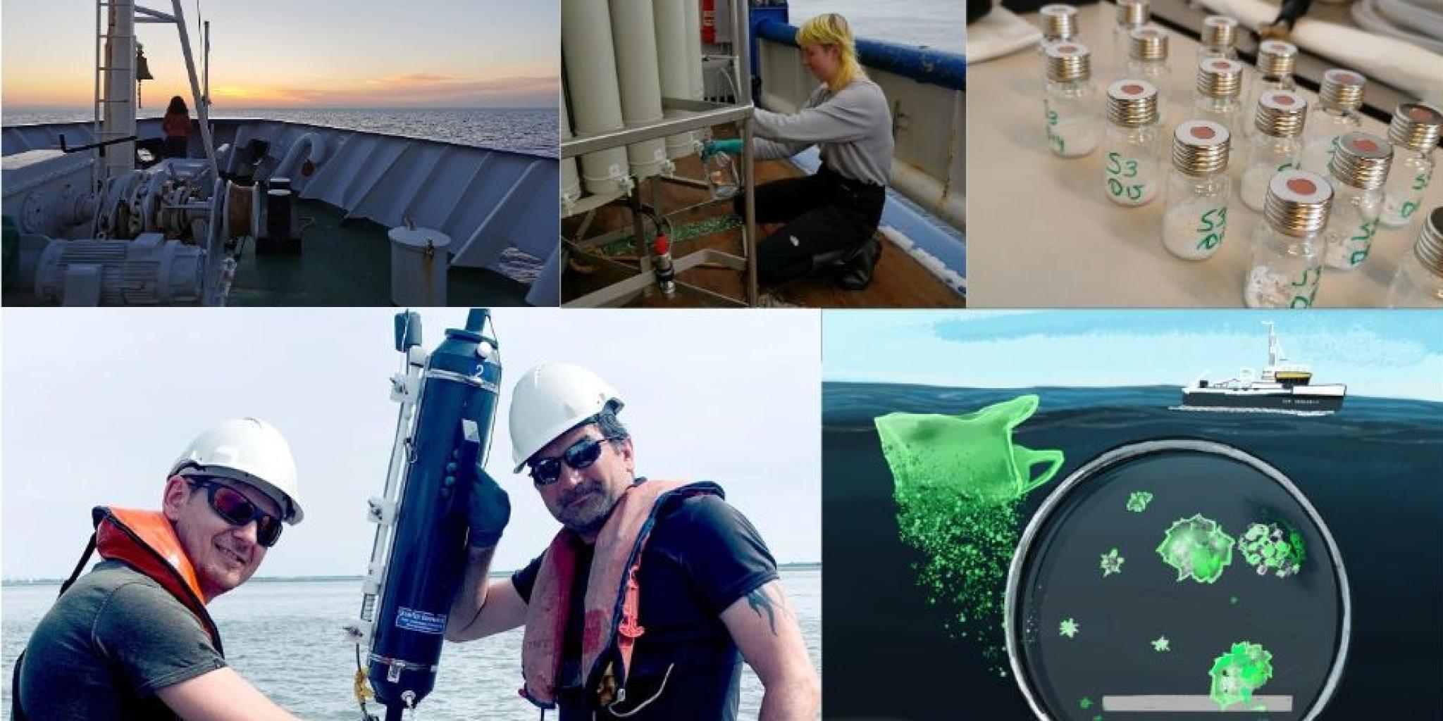 Five photos showing aspects of the work on a research vessel: sampling of water, handling samples in the lab and the view over the ocean