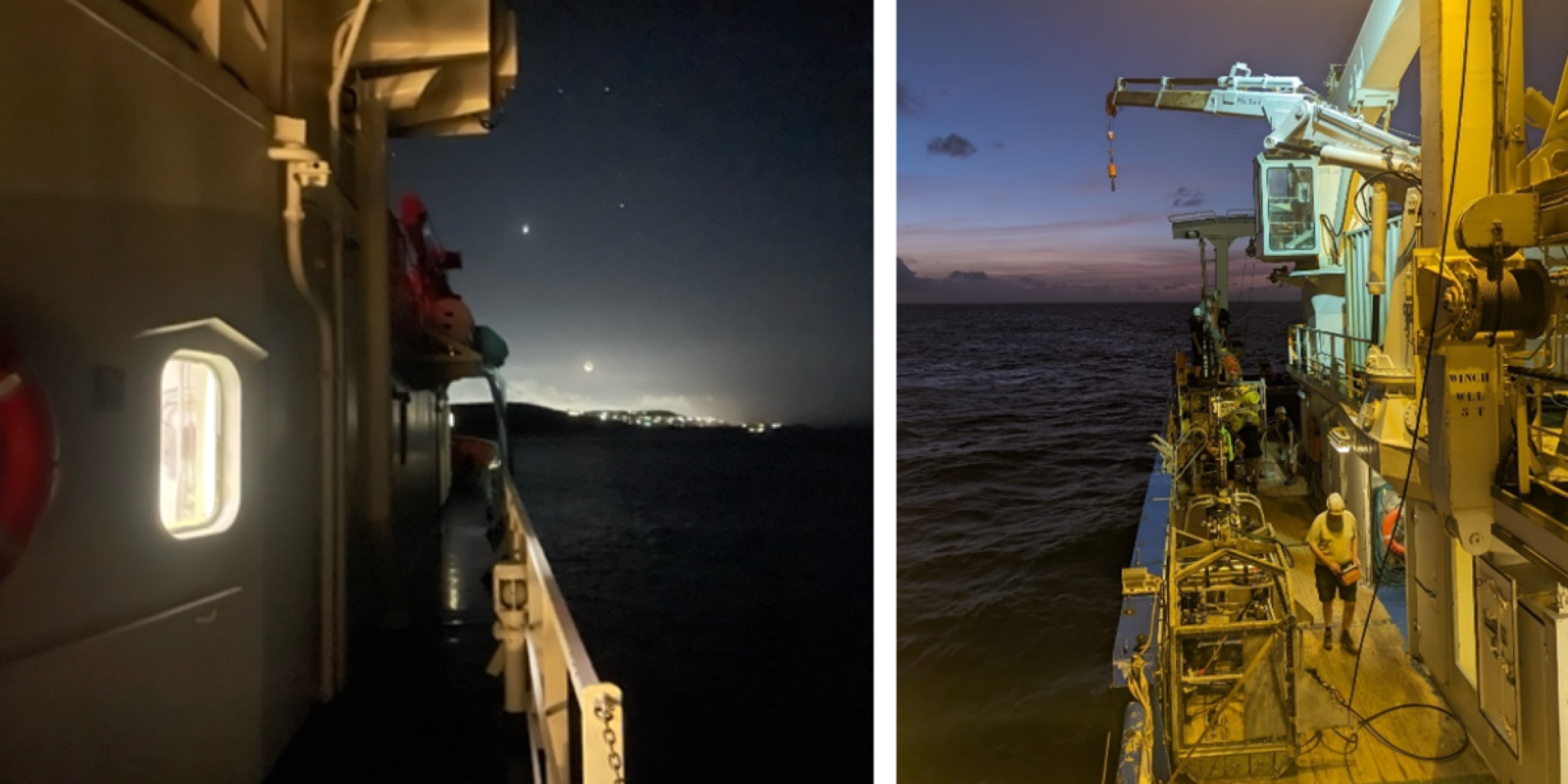 Links: Nachtzicht met Willemstad en de maan op de achtergrond. Rechts: Avondzicht vanaf het schip.