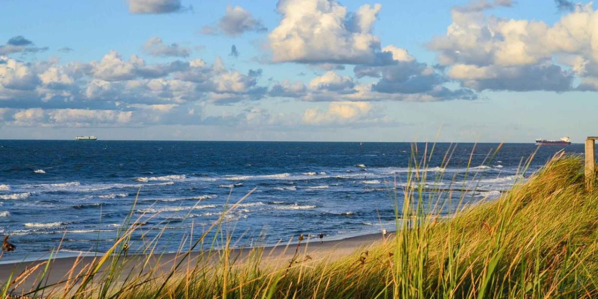 Uitzicht op een blauwe zee met strand en duingras op de voorgrond en twee schepen aan de horizon.