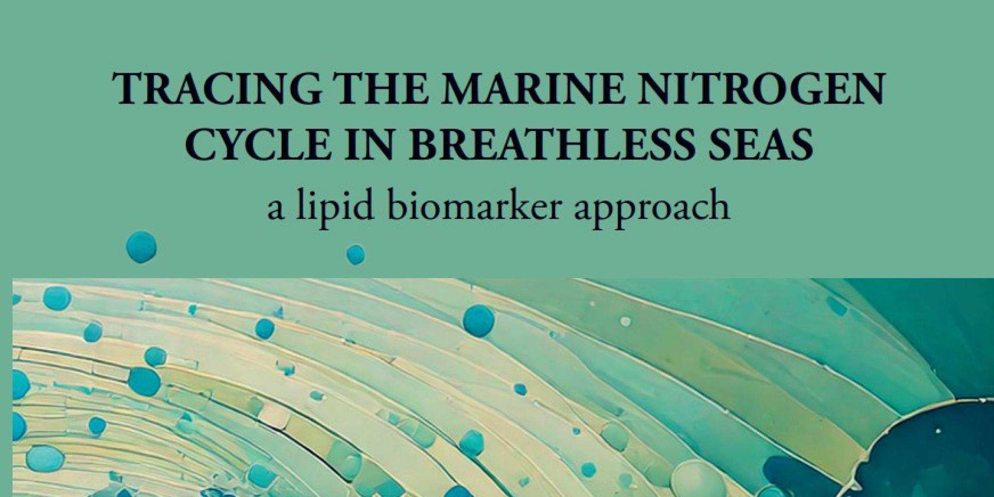 Scriptie cover met abstracte illustratie van een oceaangolf in blauwtinten met cirkelvormige patronen, verwijzend naar een lipid biomarker-benadering.