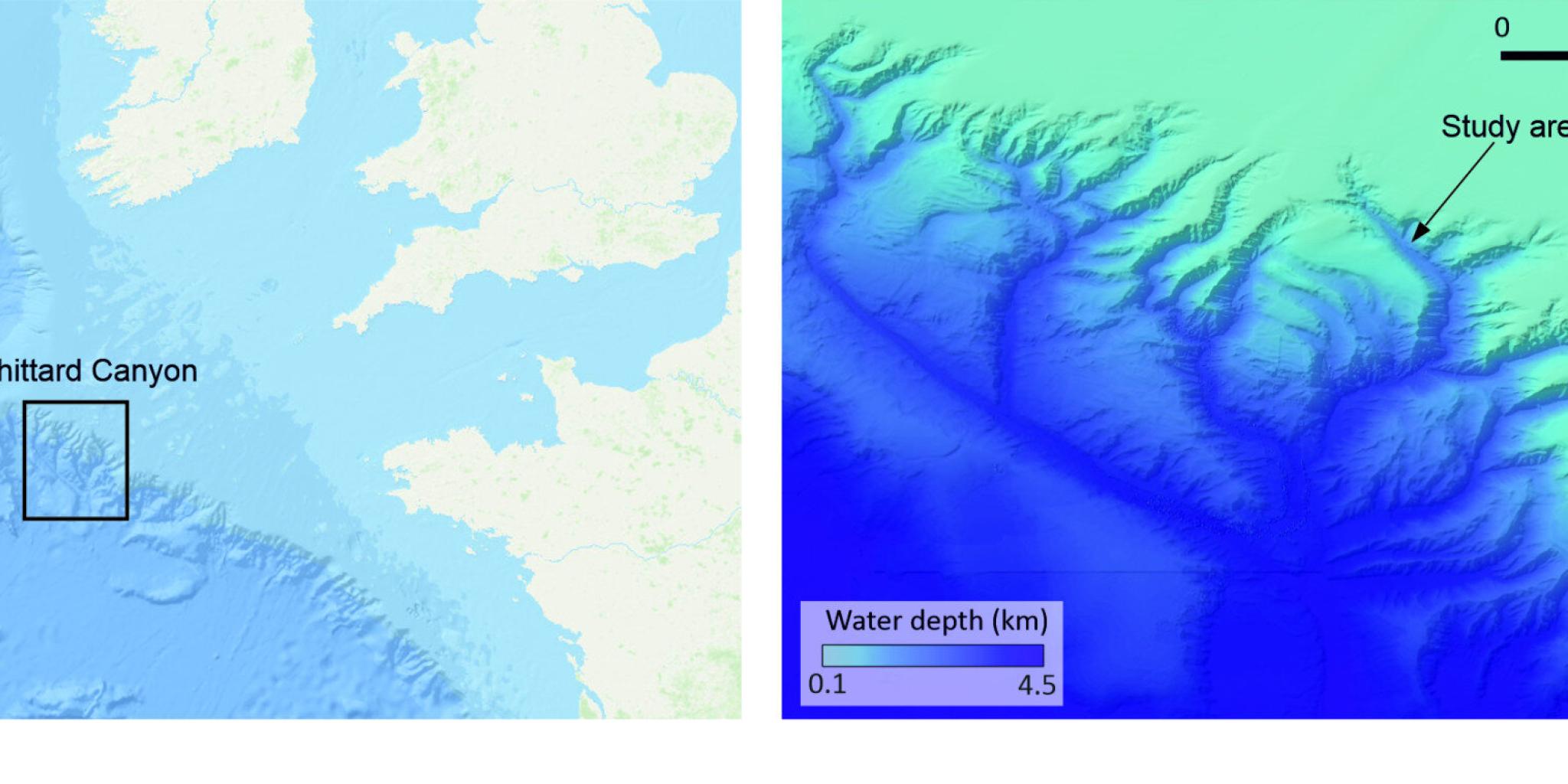 Twee kaarten naast elkaar: links een geografische kaart, rechts een dieptekaart van de oceaan met waterdiepte in kilometers.