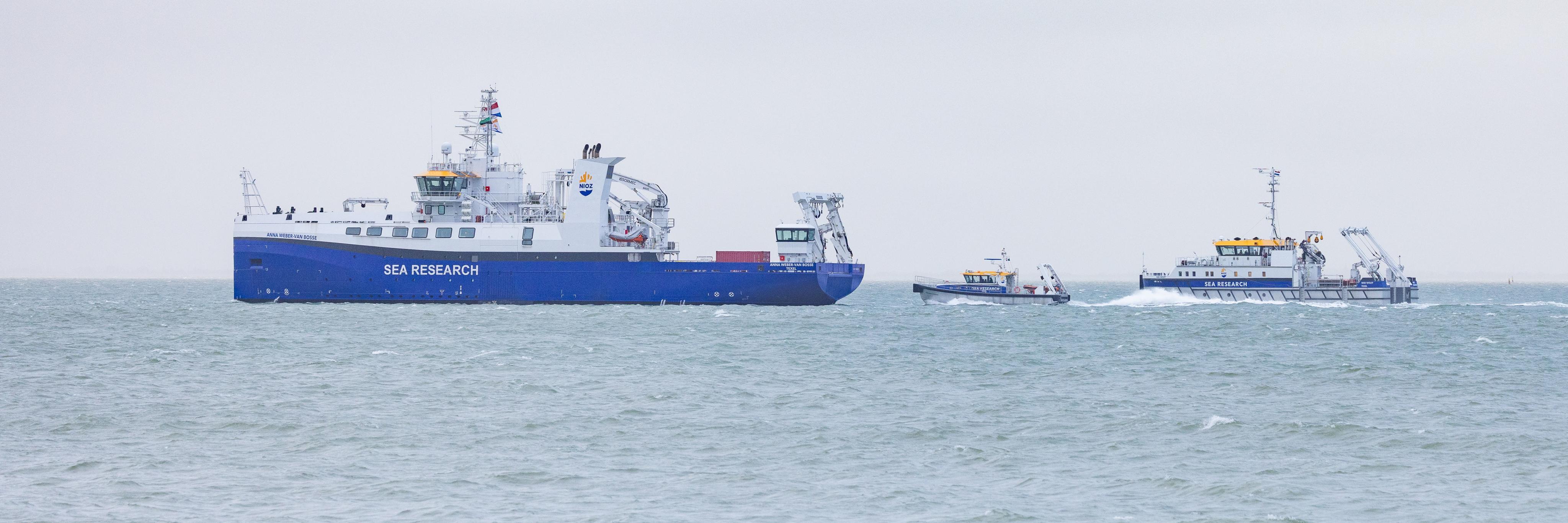 Three NIOZ research vessels sailing at sea towards the harbour: the large vessel Anna Weber-van Bosse on the right, with Wim Wolff on the left and Adriean Coenen in the middle.