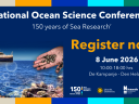 The cover poster for the national ocean science conference on 8th of june 2026 with a ship and an illustration of a hand collecting shells