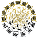 Weeds of Change logo with a central stylised Sargassum structure, surrounded by sea turtles, seahorses, crustaceans and plankton in gold and black.