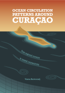Geïllustreerde omslag van een scriptie waarop Curaçao te zien is, omringd door gestileerde oceaanstromingen.