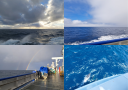 Een collage van vier foto’s gemaakt vanaf een onderzoeksschip toont een zonsondergang, een bewolkte horizon, een dubbele regenboog en dolfijnen die naast het schip zwemmen.