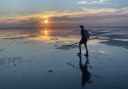 Een persoon met een rugzak loopt tijdens zonsondergang met een groot schepnet door ondiep water op het wad. De persoon en de oranje zon weerspiegelen in het water.
