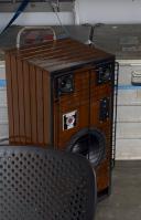 Handmade wooden speaker by Jacco and René, featuring several built-in speakers.