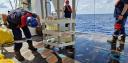 The sediment trap on the deck of the ship, being inspected by a crew member