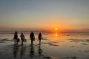 Four people walk across a reflective shoreline at sunset, silhouetted against the orange sky.