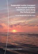 Book cover showing a calm sea at sunset with soft pink and orange clouds above the horizon; the sun sits low over the water, casting warm reflections across the waves. The title ‘Suspended matter transport in the coastal turbidity maximum zone along the Holland coast’ and the author’s name, Carola Margaretha van der Hout, appear centered over the sky.